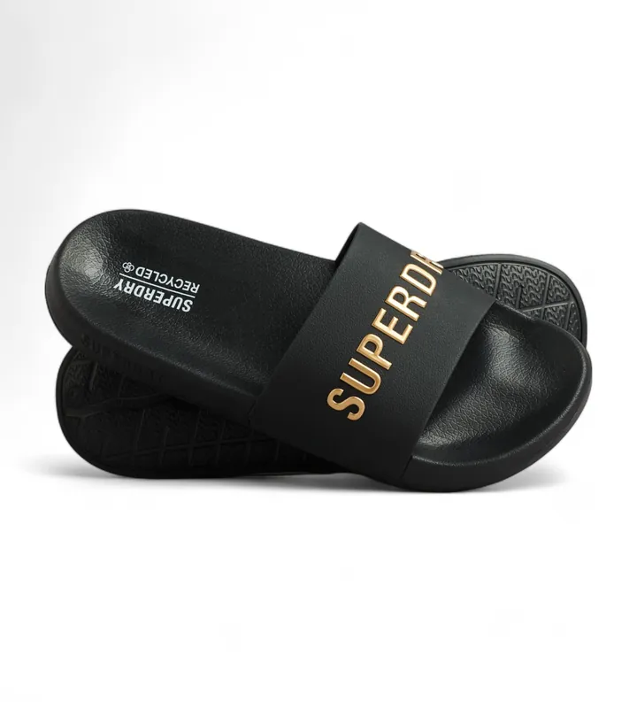 Superdry para hombre. MF310223A Chanclas de piscina con logotipo Code negro (42/43), Dorado, Plano, Casual, Beachwear