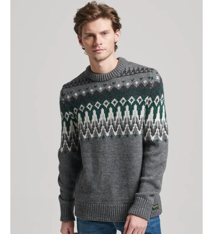 Superdry para hombre. M6110528A Jersey de punto con cuello redondo y grecas alpinas gris (L), Casual, Acrílico