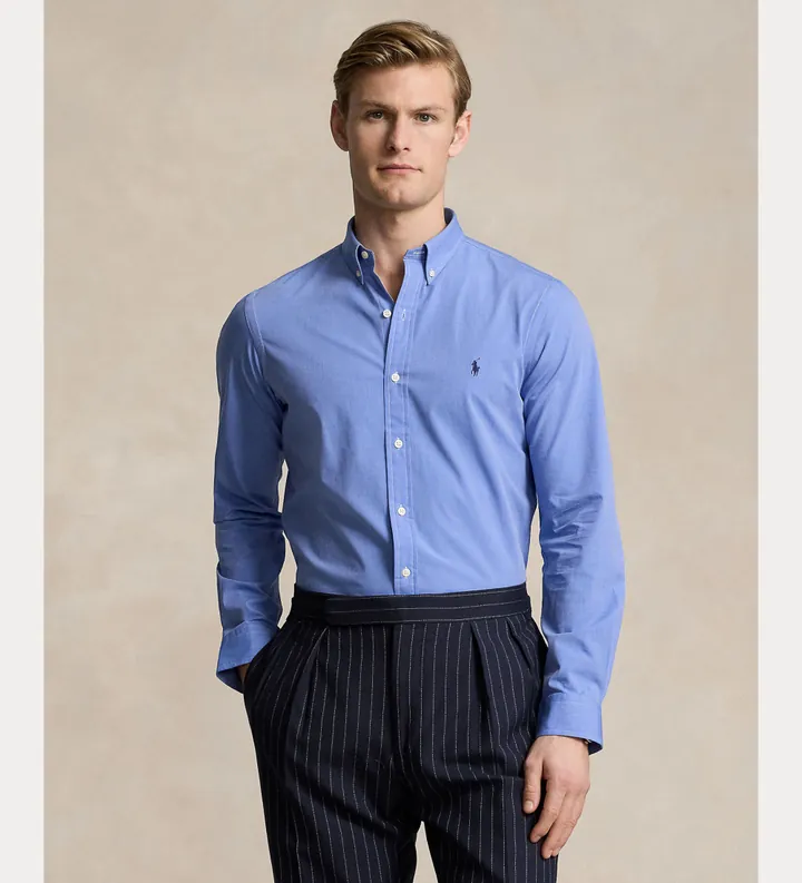 Polo Ralph Lauren para hombre. 710928254003 Camisa fil-à-fil elástica Slim Fit azul (M), Casual, Fiesta, Algodón, Clásico, Manga larga