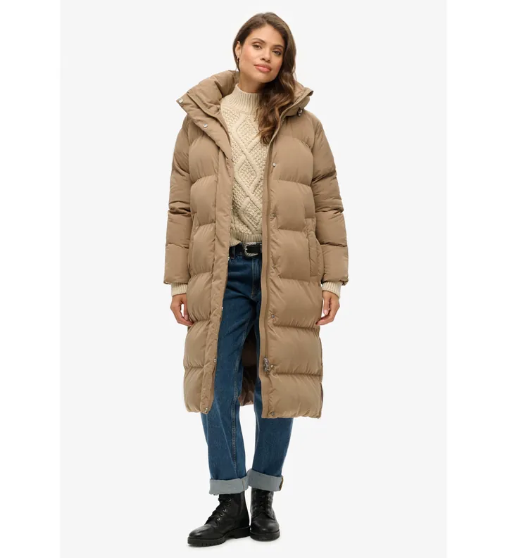 Superdry para mujer. W5011801A Abrigo acolchado largo con capucha marrón (L), Casual, Poliéster, Sostenible