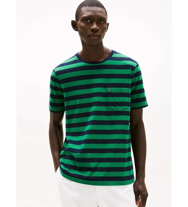 Tommy Hilfiger para hombre. MW0MW37283 Camiseta con bolsillo de parche verde (S), Casual, Algodón, Manga corta