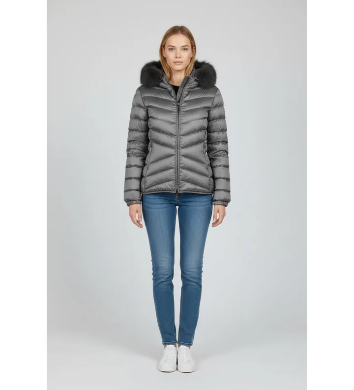 Colmar para mujer. 2219E Plumífero acolchado con pelo sintético gris (46), Casual, Poliéster Reciclado