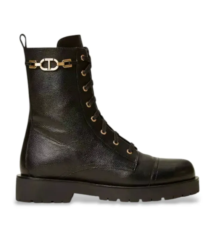Twinset para mujer. 252TCP150 Botines de piel con cadena y Oval T negro (37), Plano, Cremallera, Casual