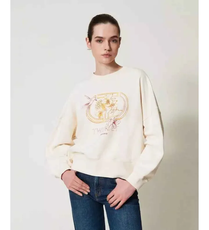 Twinset para mujer. 251TP2484 Sudadera con estampado de colibrí beige (M), Casual, Algodón