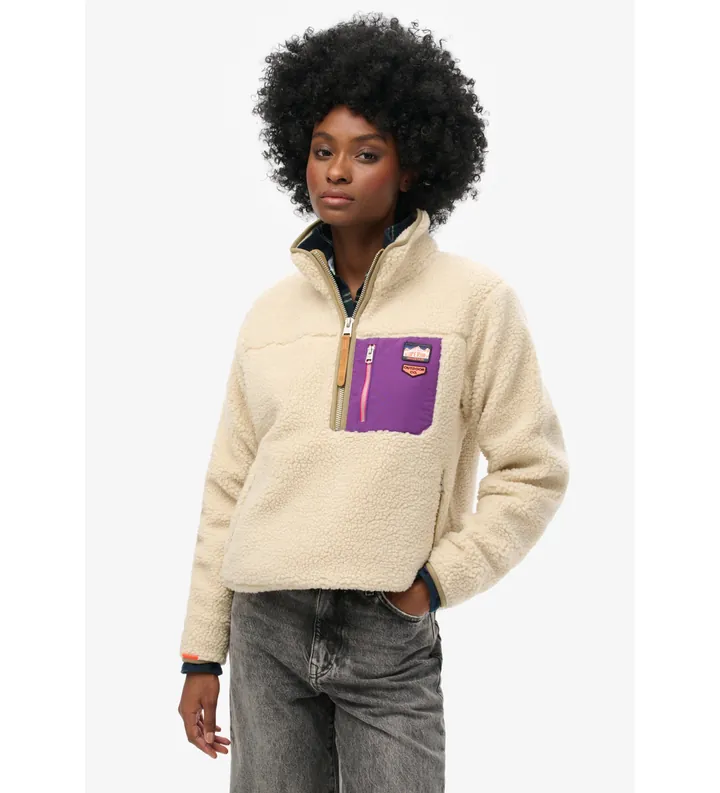 Superdry para mujer. W2012343A Polar Vintage Retro mitad de cremallera beige (L), Casual, Poliéster