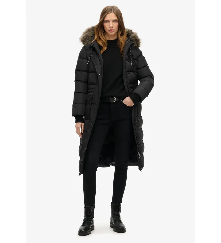 Superdry para mujer. W5011788A Abrigo Everest Largo negro (S), Casual, Poliéster Reciclado, Sostenible