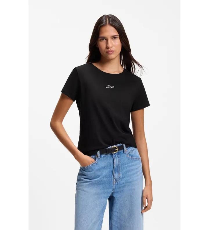 BOSS para mujer. 50554696 Camiseta slim fit de algodón con logo bordado negro (L), Casual, Manga corta