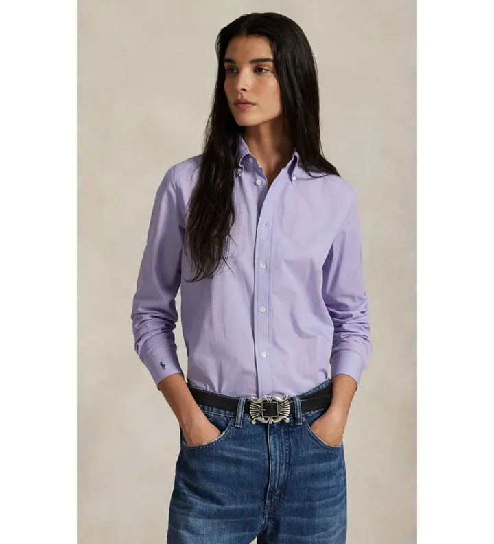 Polo Ralph Lauren para mujer. 211941509003 Camisa de algodón elástico fil-à-fil lila (32), Casual, Manga larga