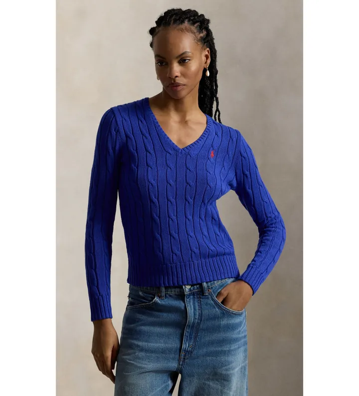 Polo Ralph Lauren para mujer. 211971870008 Jersey de algodón en punto de ochos azul (L), Casual, Manga larga