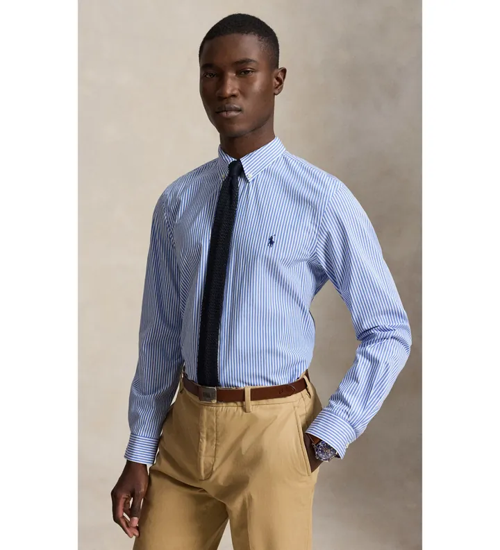 Polo Ralph Lauren para hombre. 710929344001 Camisa Slim Fit de popelina elástica azul (S), Casual, Algodón, Manga larga