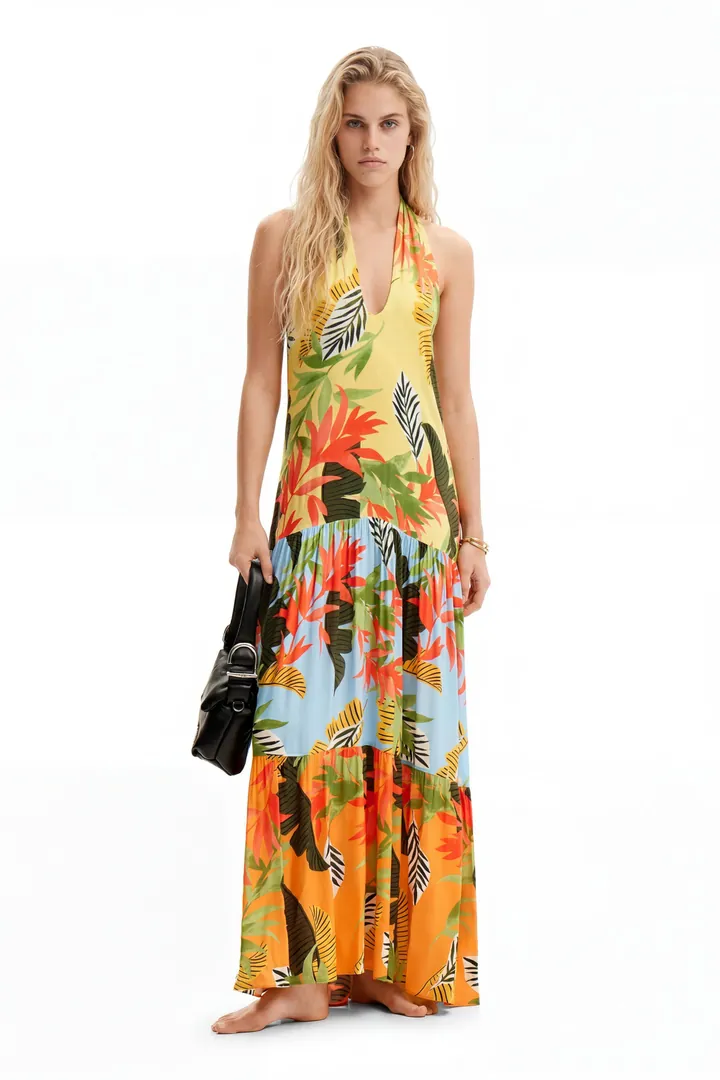 Desigual, Vestido maxi halter tropical, Viscosa, L