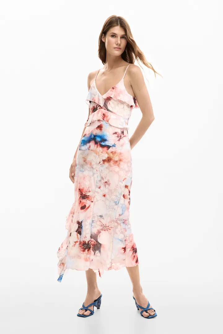 Desigual, Vestido flores volantes, Mujer, Poliester, Rojo, L