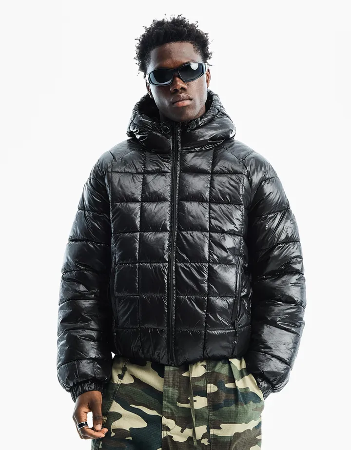 Bershka Cazadora Capucha Acolchada Grid Hombre L Negro