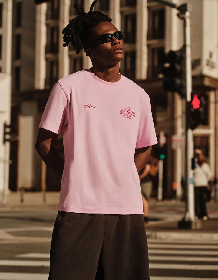 Bershka Camiseta Boxy Print Hombre L Rosa