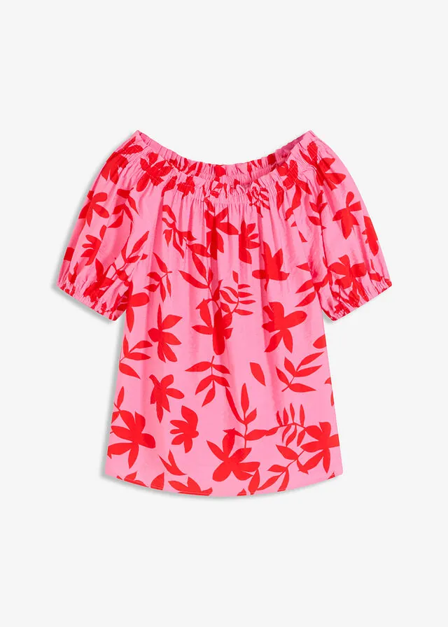 Blusa estampada de mezcla de viscosa fina con escote bañera