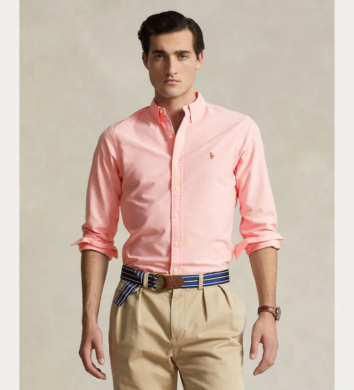 Polo Ralph Lauren para hombre. 710549084008 Camisa Oxford Slim Fit rosa (L), Casual, Algodón, Manga larga