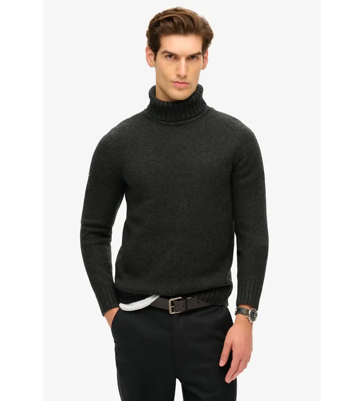 Superdry para hombre. M6110618A Jersey cepillado de cuello vuelto negro (L), Casual, Poliéster