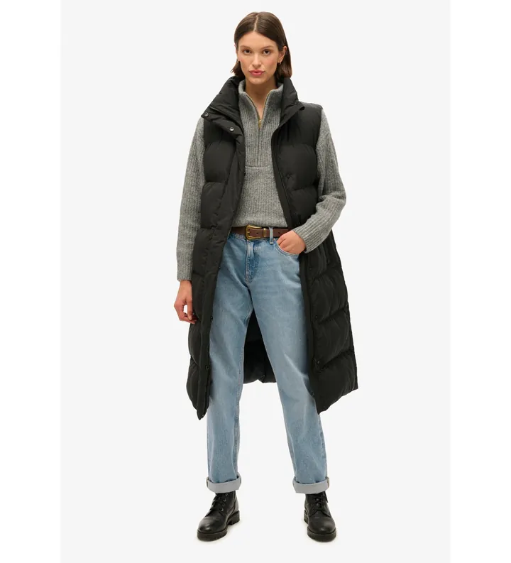 Superdry para mujer. W5011803A Chaleco acolchado de línea larga negro (L), Casual, Poliéster Reciclado, Sostenible
