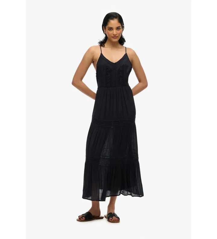 Superdry para mujer. W8011908A Vestido Ibiza negro (L), Casual, Viscosa, Sin mangas / Tirantes