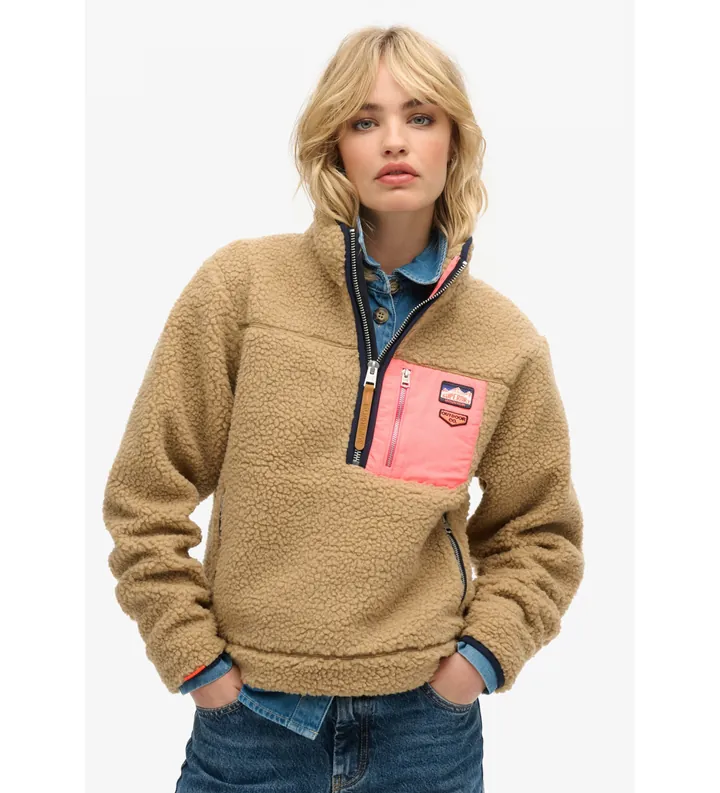 Superdry para mujer. W2012343A Polar Vintage Retro mitad de cremallera beige (L), Casual, Poliéster
