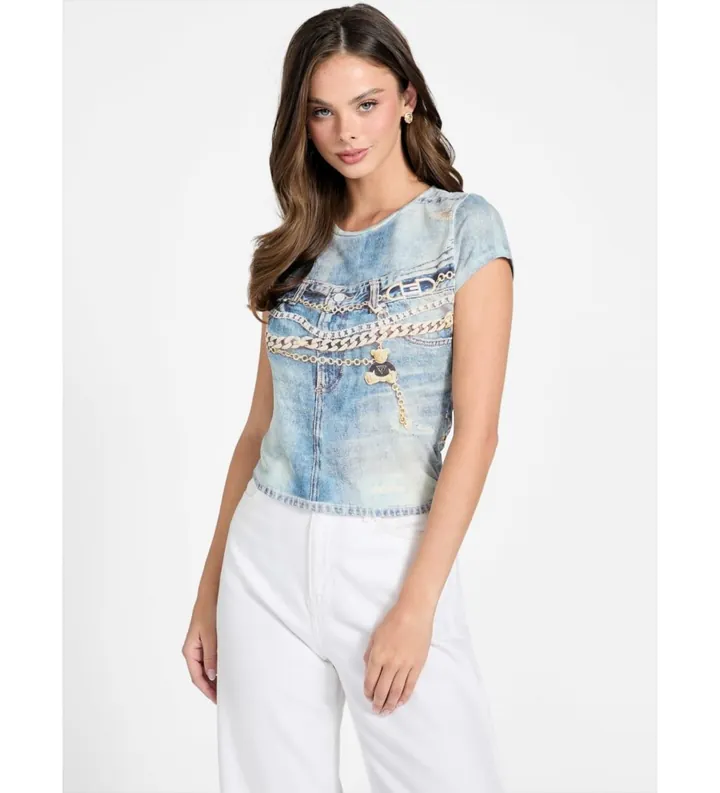 Guess para mujer. W6RI52KCCG0 Camiseta denim Sub azul (S), Casual, Poliéster, Manga corta