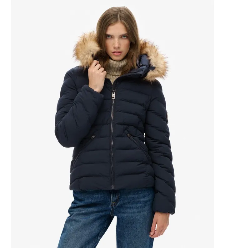 Superdry para mujer. W5012000A Chaqueta Acolchada Fuji Faux Fur marino (L), Casual, Poliéster Reciclado, Sostenible