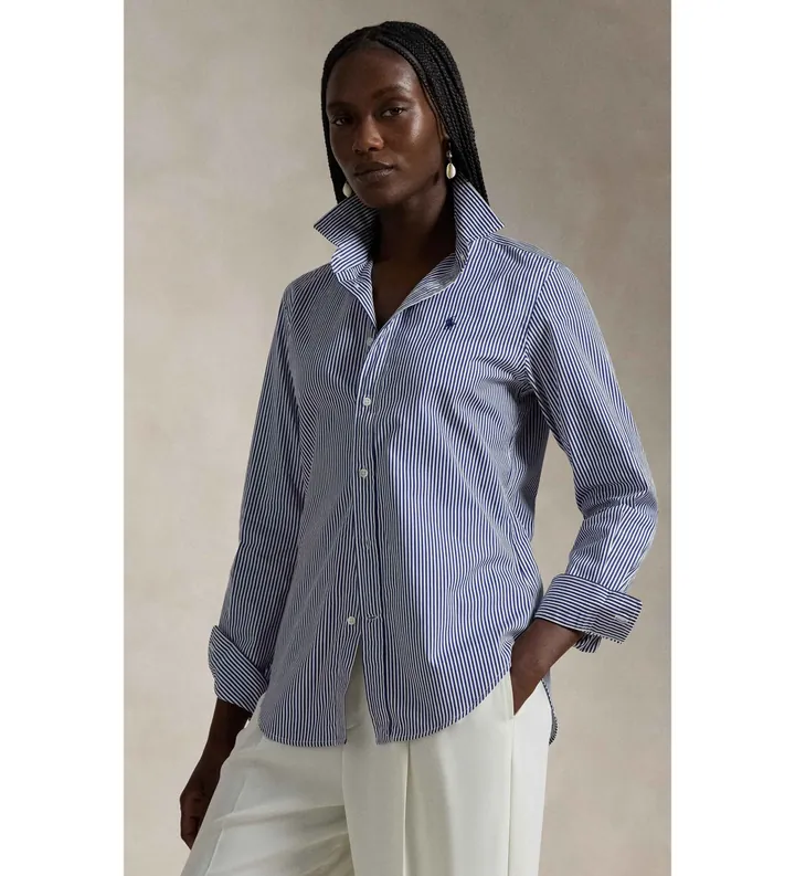 Polo Ralph Lauren para mujer. 211891379001 Camisa de algodón con rayas Slim Fit azul (30), Beige, Casual, Clásico, Manga larga
