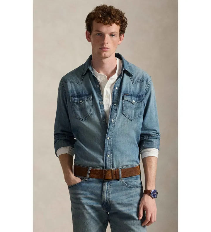 Polo Ralph Lauren para hombre. 710703936001 Camisa Western de denim flameado azul (S), Casual, Algodón, Clásico, Manga larga