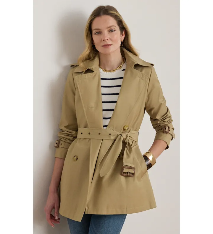 Lauren Ralph Lauren para mujer. 297967126002 Gabardina cruzada de mezcla de algodón beige (L), Casual, Clásico