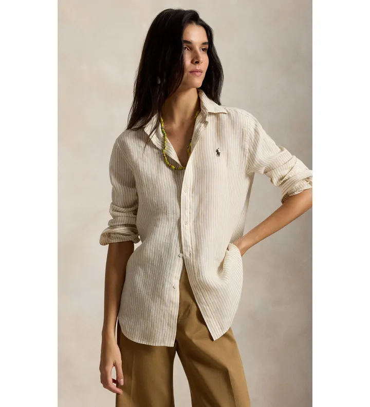 Polo Ralph Lauren para mujer. 211A96158010 Camisa de lino Classic Fit con rayas beige (L), Casual, Manga larga