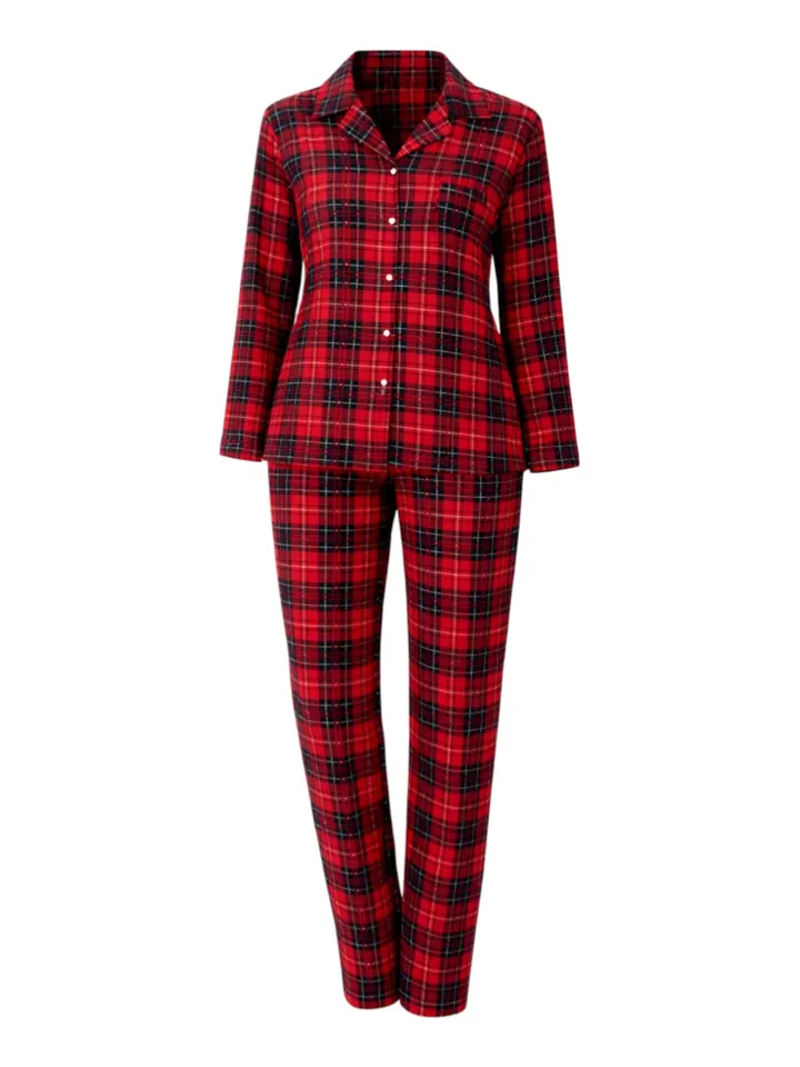 fashionshowcase Pijama 'Pyjama Damen Schlafanzug Hausanzug Bordeaux kariert mit Knopfleiste'  burdeos