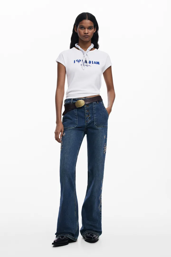 Desigual, Pantalón vaquero flare bordados, Mujer, Algodon, Azul, 34