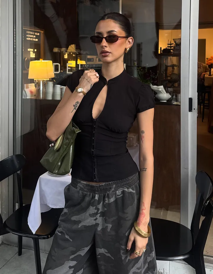 Bershka Camisa Manga Corta Cierre Corchetes Mujer L Negro