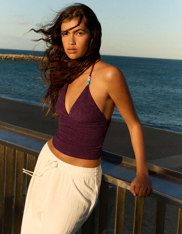 Bershka Top Halter Rústico Mujer L Morado