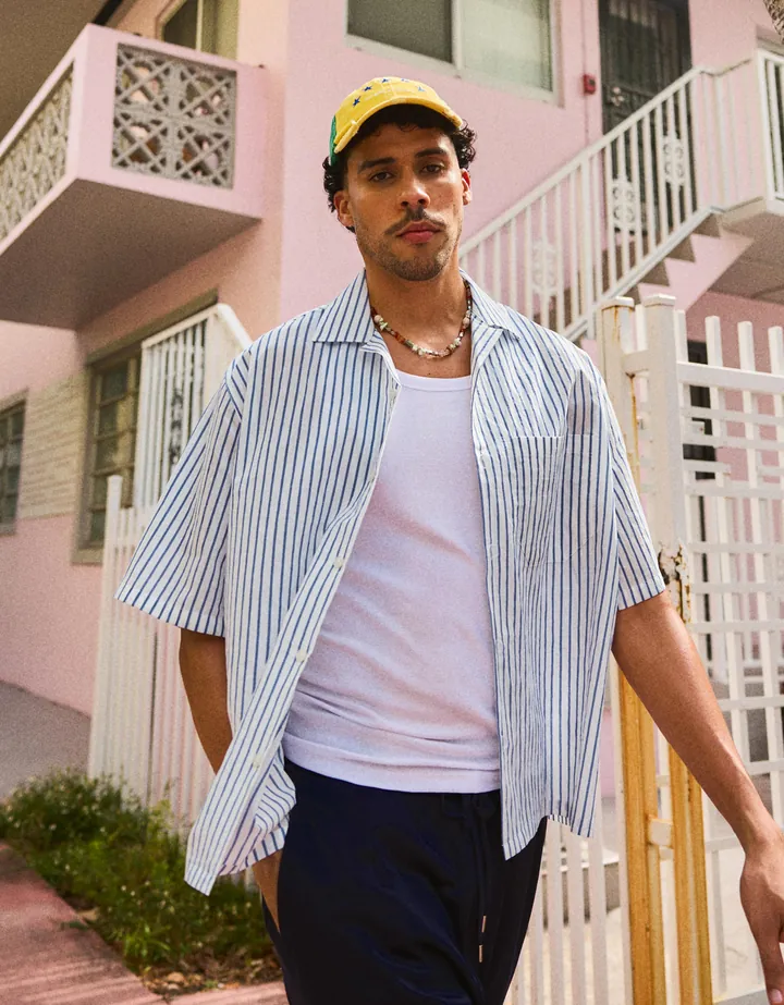 Bershka Camisa Manga Corta Rayas Hombre L Crudo