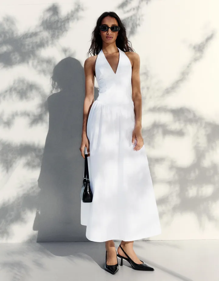 Bershka Vestido Largo Halter Popelín Mujer L Blanco