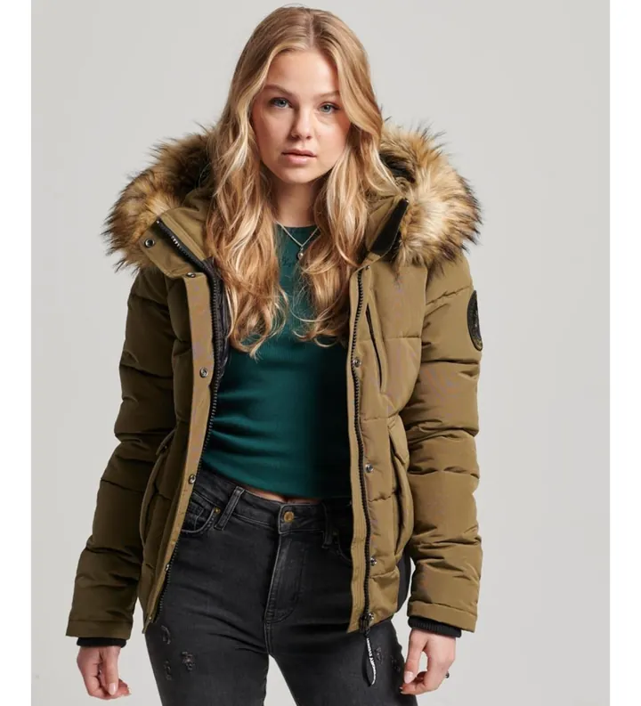 Superdry para mujer. W5011576A Cazadora bómber acolchada con capucha Everest verde (L), Casual, Poliéster