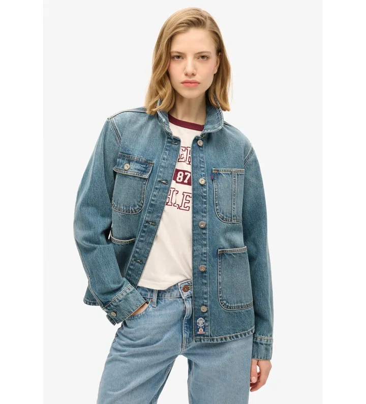 Superdry para mujer. W5011809A Chaqueta vaquera con bordado Chore azul (L), Casual, Algodón Orgánico, Sostenible
