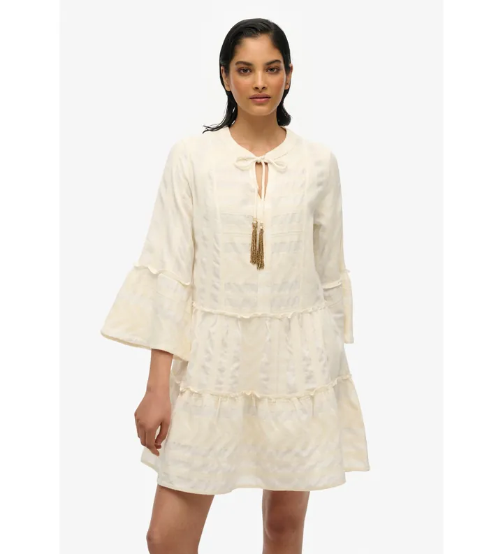 Superdry para mujer. W8011916A Minivestido escalonado de manga larga beige (L), Casual, Algodón