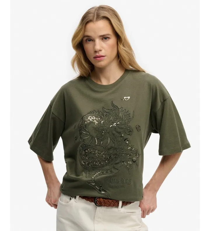Superdry para mujer. W1011764A Camiseta Tattoo Embellish Oversized verde (M), Casual, Algodón, Manga corta