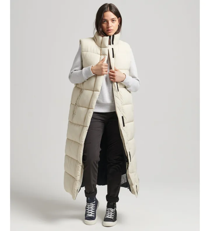 Superdry para mujer. W5011482A Chaleco largo acolchado Ripstop beige (L), Casual, Poliéster, Sostenible