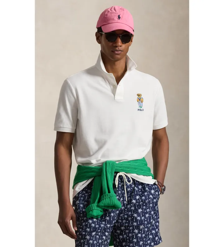 Polo Ralph Lauren para hombre. 710B16617001 Polo de piqué con Polo Bear Custom Slim blanco (M), Casual, Algodón, Manga corta