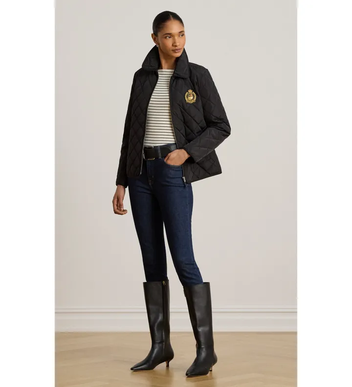 Lauren Ralph Lauren para mujer. 297979539001 Chaqueta acolchada con parche de escudo negro (L), Casual, Poliéster