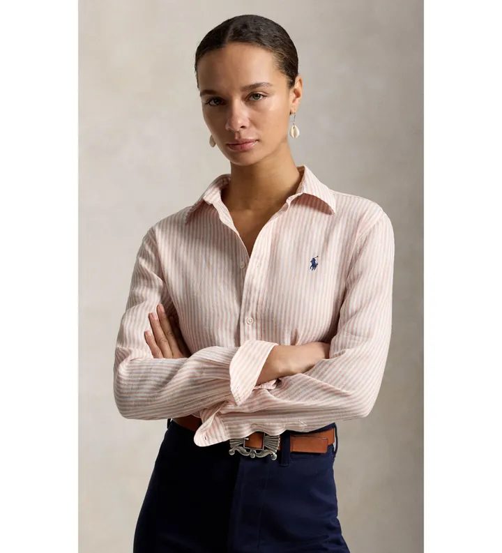 Polo Ralph Lauren para mujer. 211A96158009 Camisa de lino Classic Fit con rayas rosa (L), Casual, Manga larga