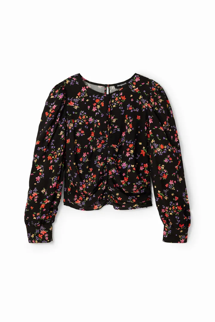 Desigual, Blusa fruncida floral, Viscosa, Negro, L