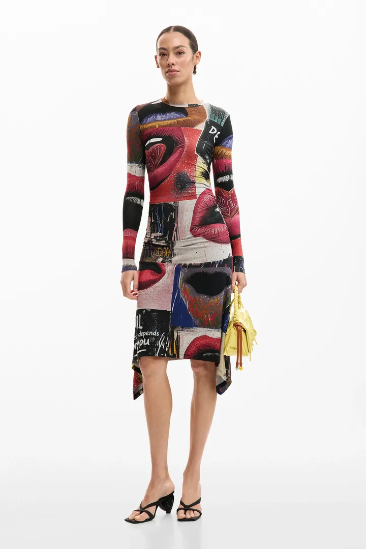 Desigual, Vestido estampado bocas, Mujer, Viscosa, Negro, L