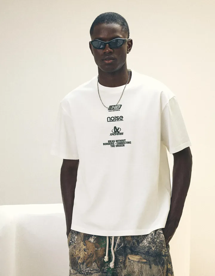 Bershka Camiseta Relaxed Print Hombre L Blanco