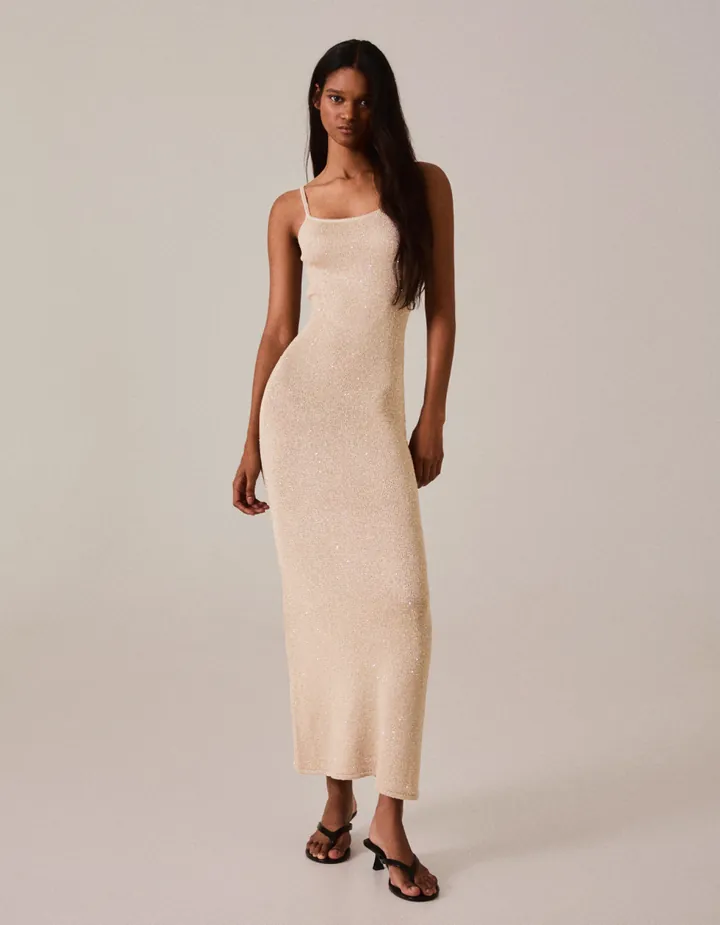 Bershka Vestido Midi Tirantes Lentejuelas Mujer L Oro