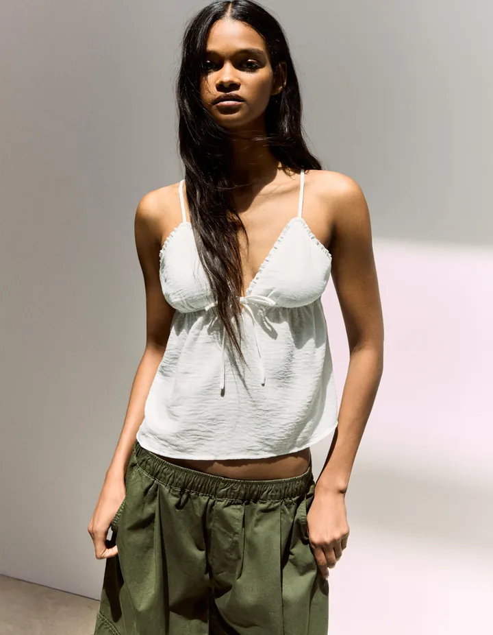 Bershka Top Tirantes Lazo Mujer L Blanco Roto