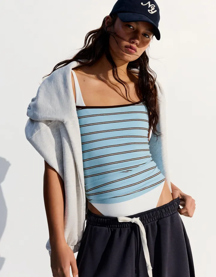 Bershka Top Tirantes Contraste Mujer L Azul Claro